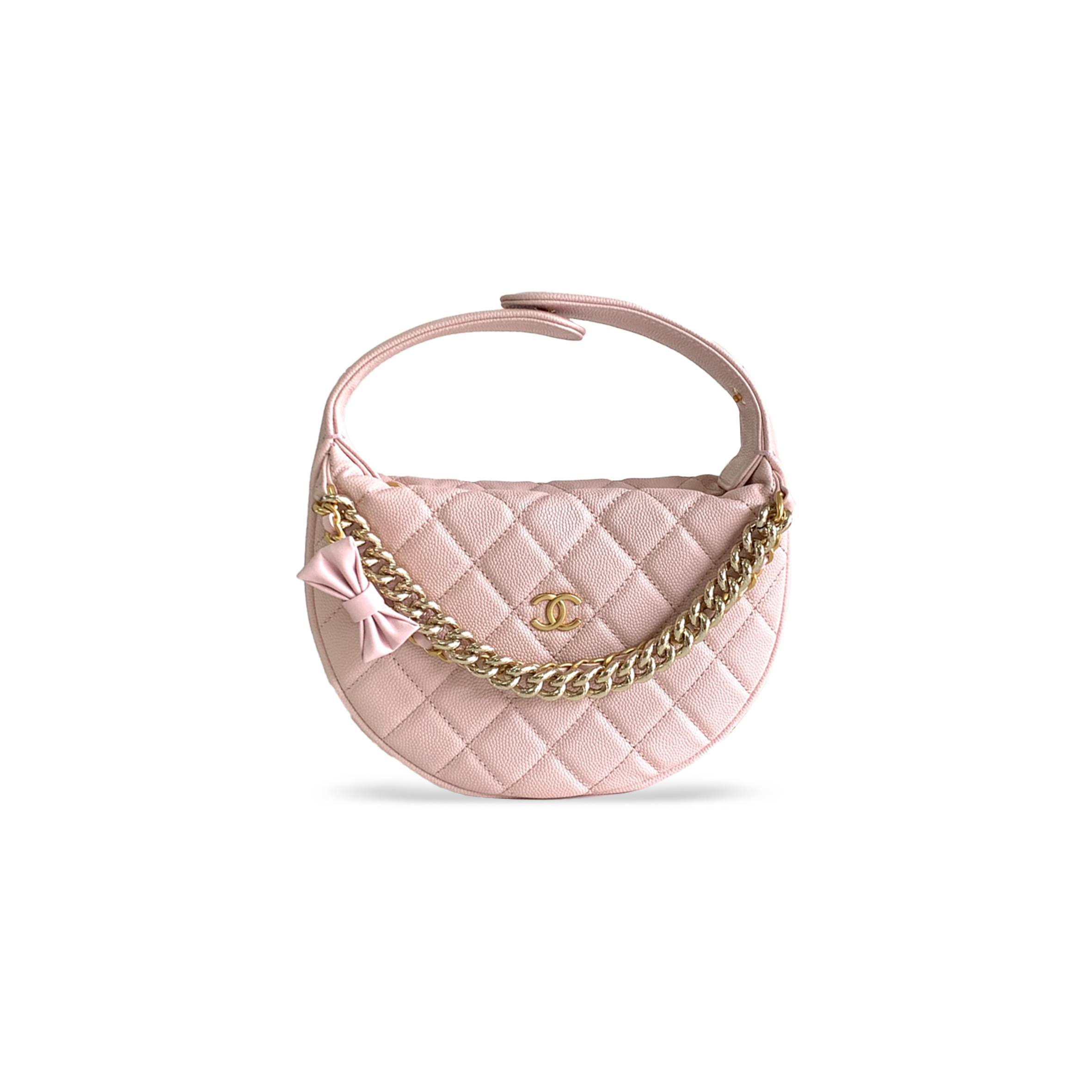 CHANEL SHINY CAVIAR QUILTED BOW POUCH HOBO LIGHT PINK 1470677 (19*13*4cm)